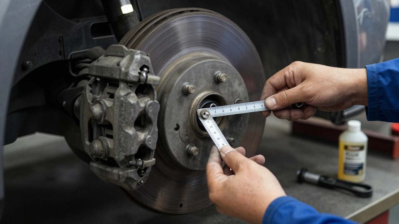 Рука измеряет толщину колодок через доступное отверстие в суппорте.