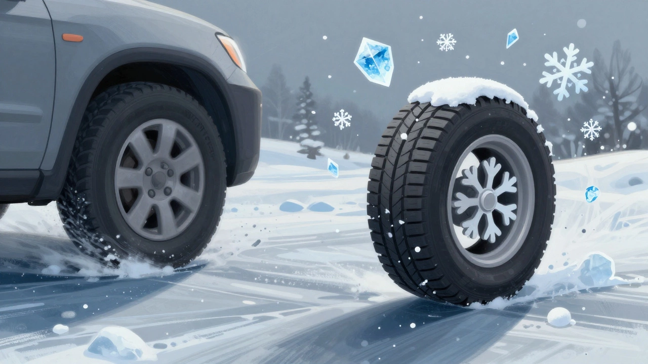 Схематичное изображение автомобиля: одна половина теряет сцепление, другая — уверенно держит дорогу благодаря зимним шинам.