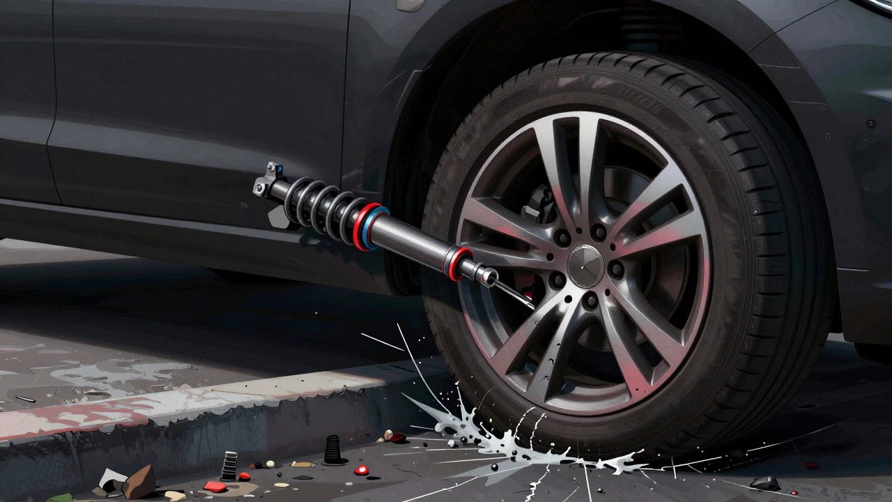 Сломанная подвеска автомобиля под нагрузкой от массивных колес, удар о бордюр