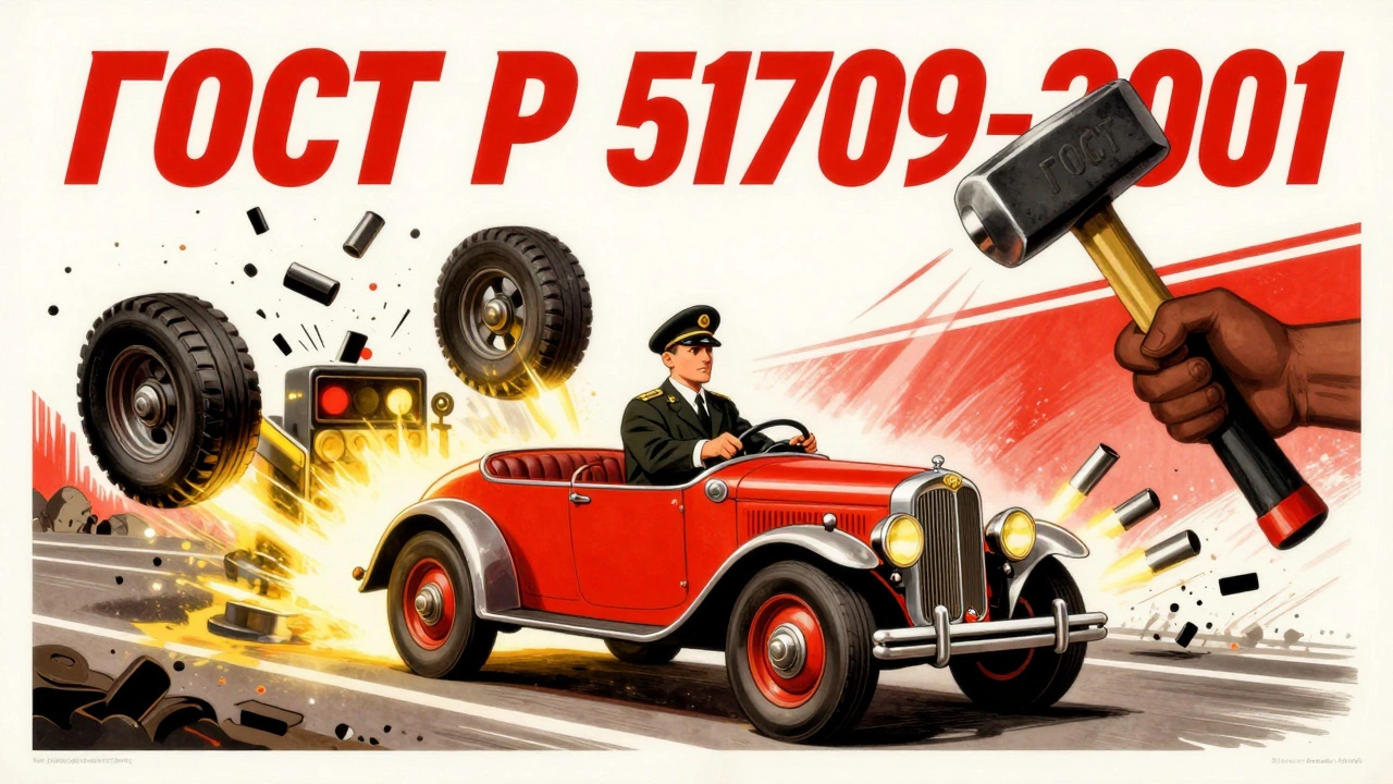 Советский стиль плаката: уничтожение нелегального тюнинга молотком с надписью ГОСТ.