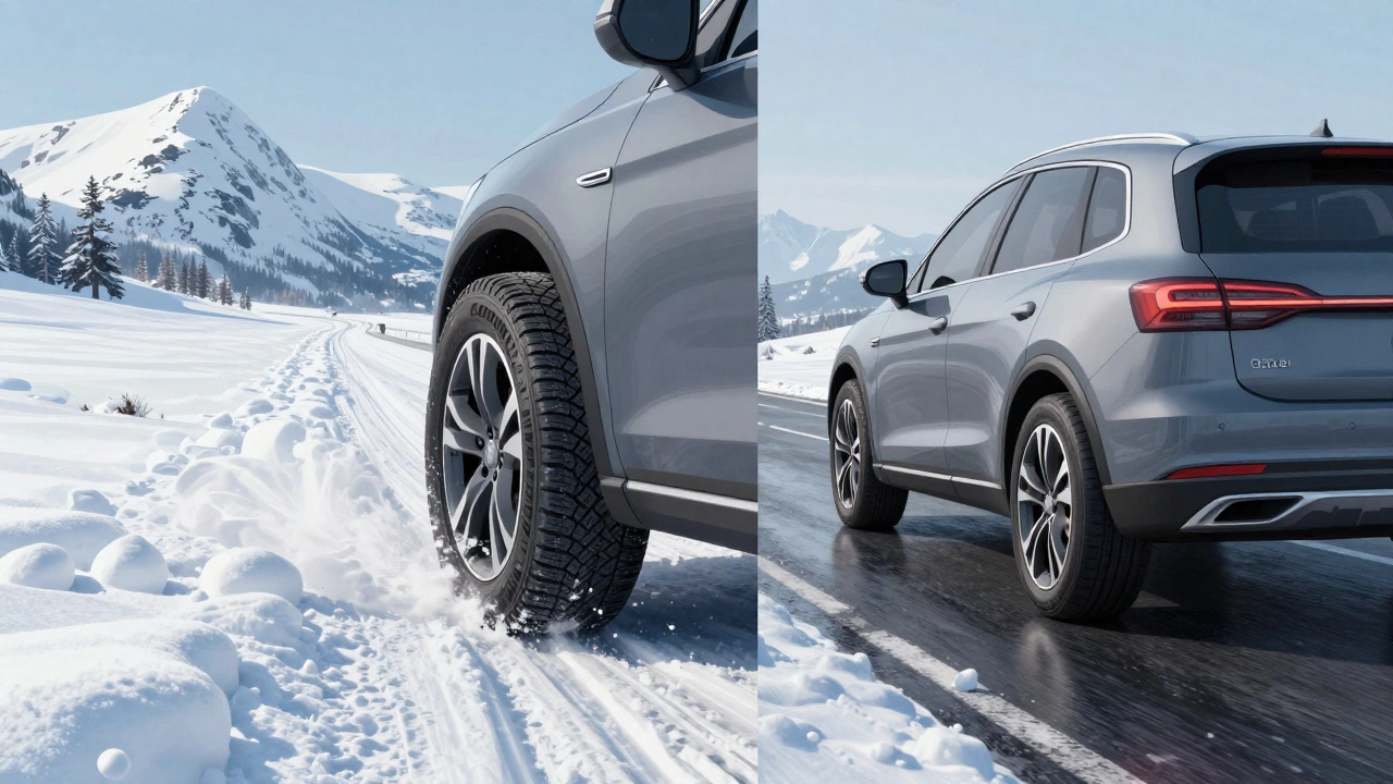 Сравнение автомобиля на глубоком снегу и на мокром асфальте с разными шинами.