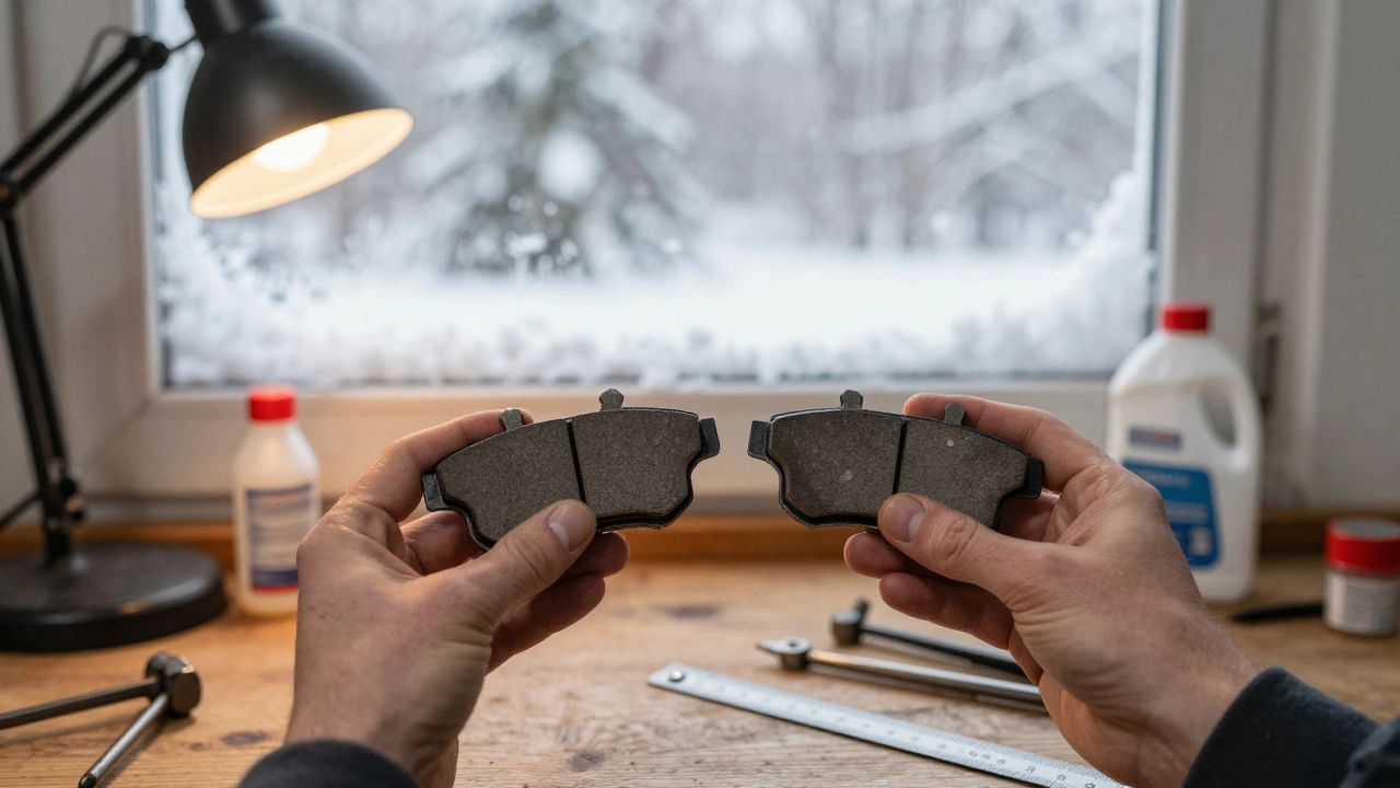 Сравнение новых и изношенных тормозных колодок на фоне зимнего окна.