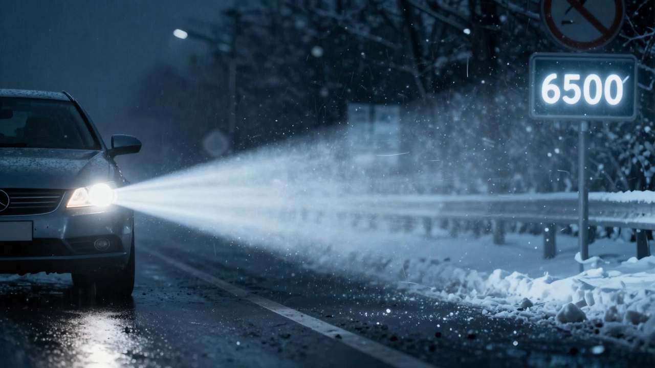 Сравнение света: теплый белый свет 4000К проникает через снег, а холодный синий 6500К создает ослепляющую завесу.