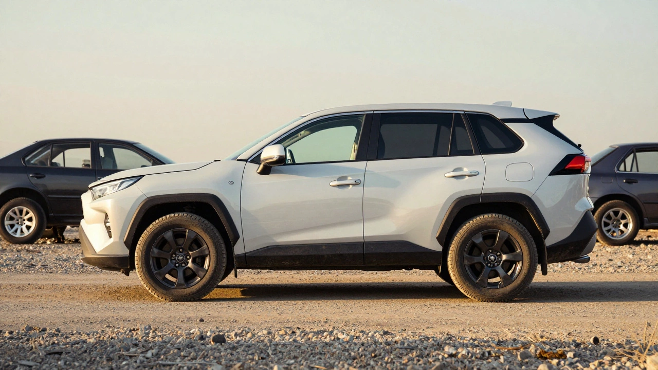 Внедорожник с штатными дисками на грунтовой дороге, рядом разобранный автомобиль с американскими дисками