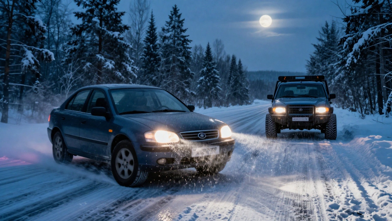 Машина с шинами M&amp;S скользит по льду, другая безопасно останавливается