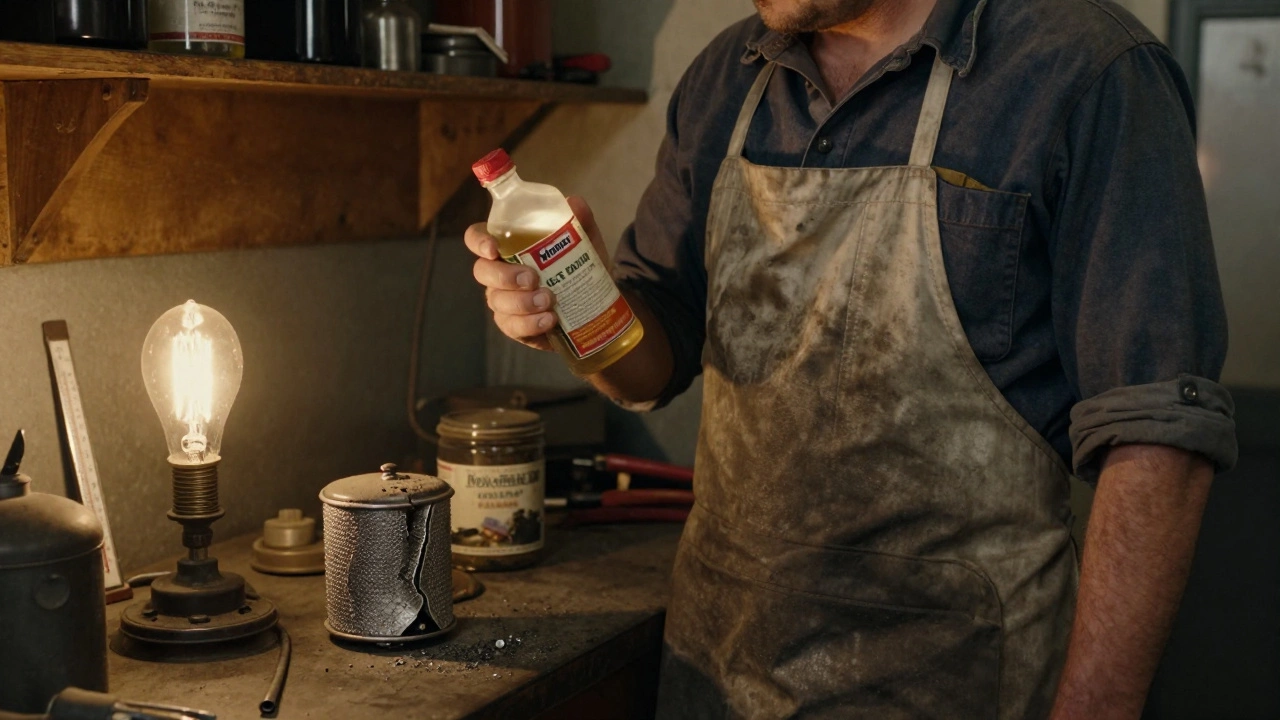Механик осматривает масло в мастерской, рядом — стружка и повреждённый фильтр.