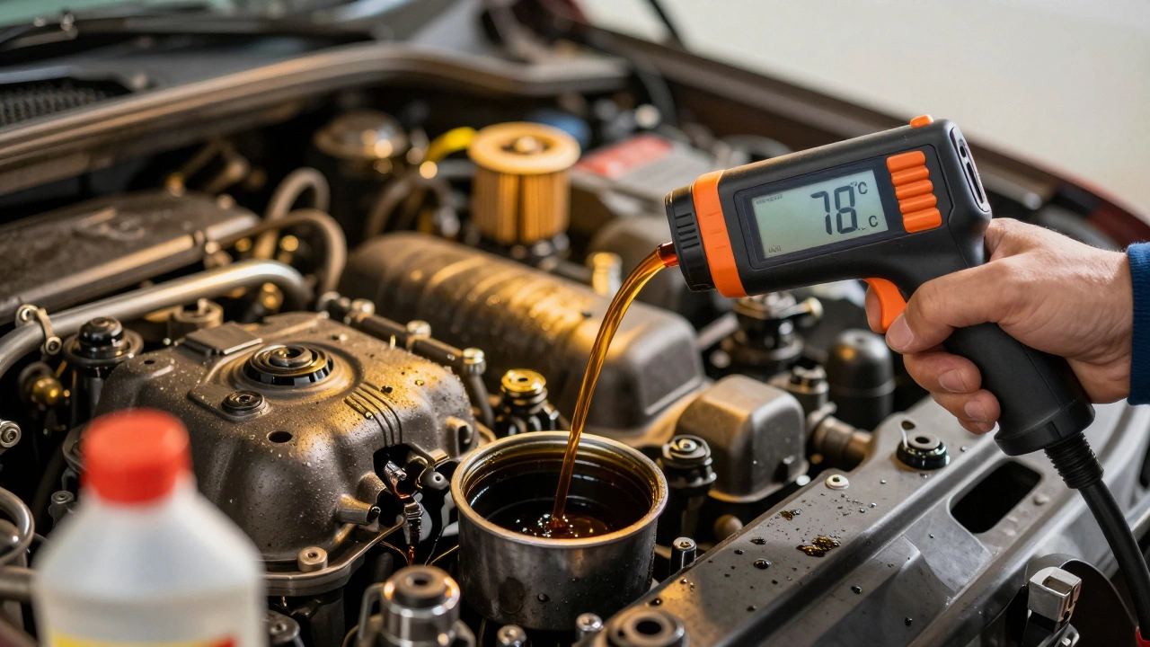 Механик снимает масляный фильтр с теплого двигателя, тонкая струя масла стекает в лоток.