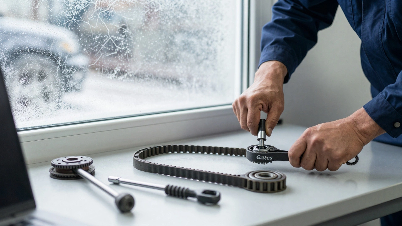 Механик точно натягивает новый ремень ГРМ динамометрическим ключом в автосервисе.