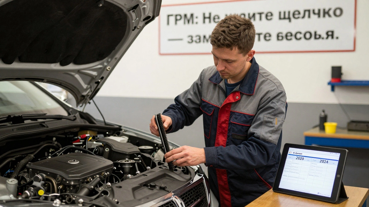 Механик заменяет ремень ГРМ на автомобиле с использованием оригинальной запчасти.
