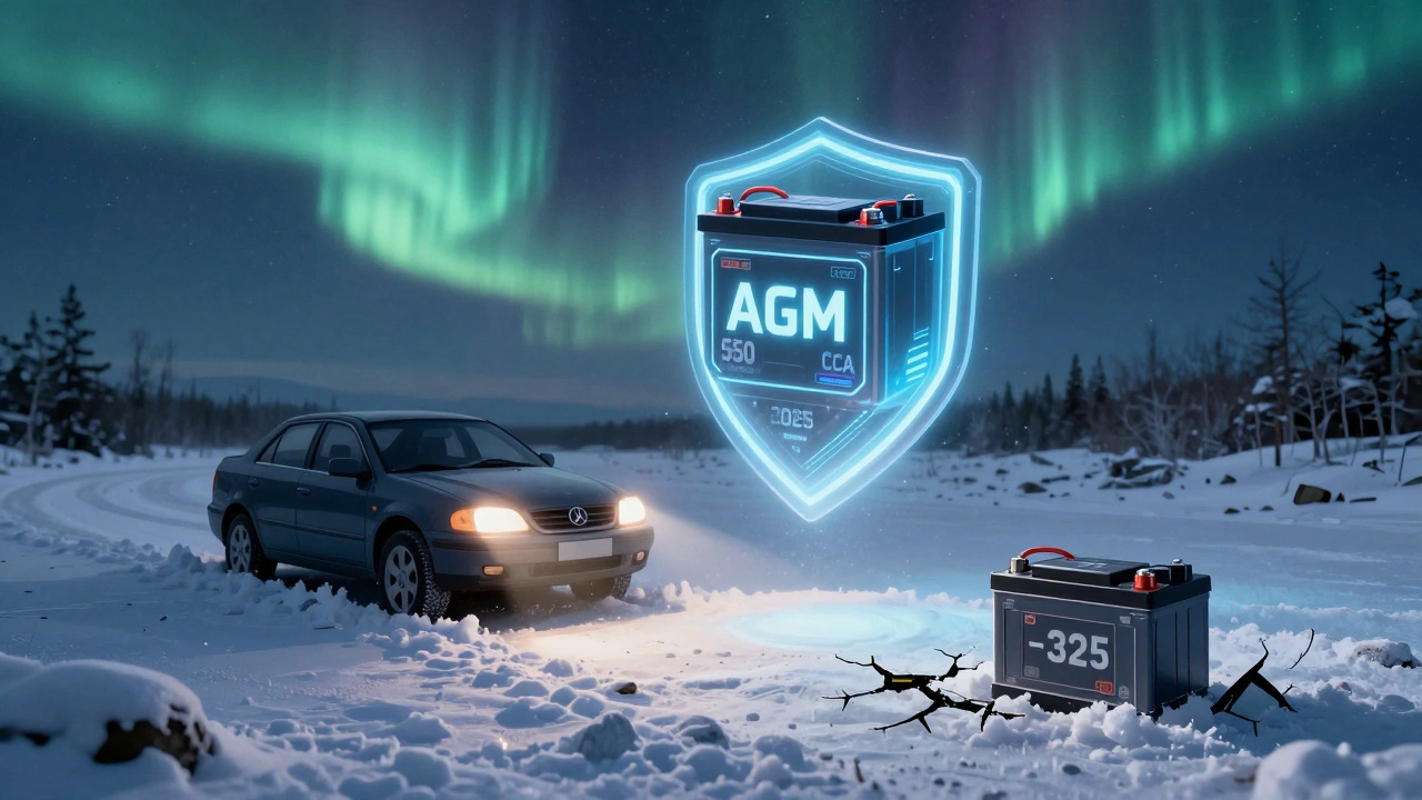 На снежной обочине застрявшая машина, над ней светится надежный AGM-аккумулятор, а рядом лежит замёрзший бракованный.