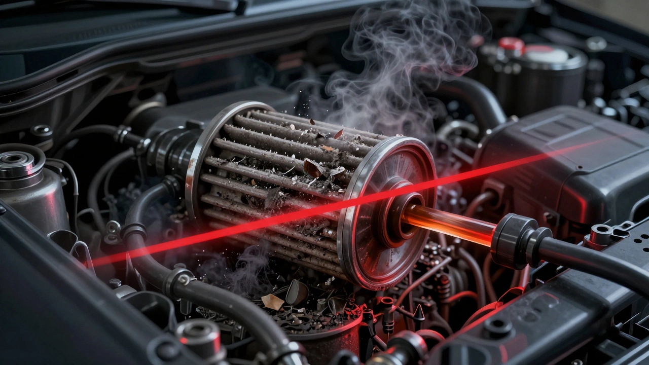 Прозрачный двигатель с забитым фильтром, через который течет нефильтрованное масло с частицами грязи.