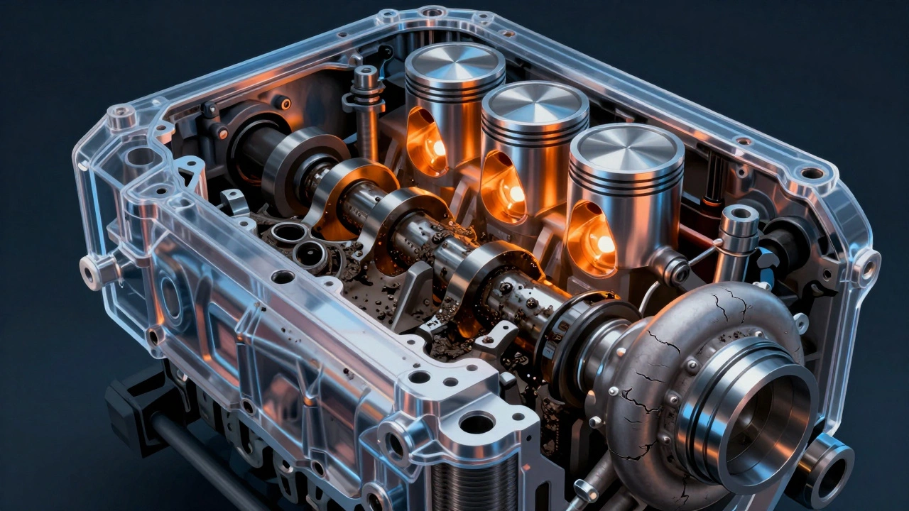 Прозрачный двигатель с забитыми масляными каналами и перегретыми деталями внутри.