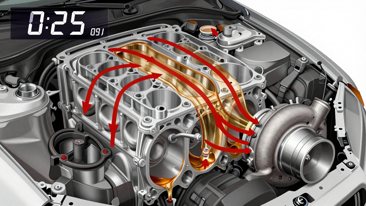 Прозрачный разрез двигателя с потоками масла и пустыми зонами, цифровые секунды показывают 25.
