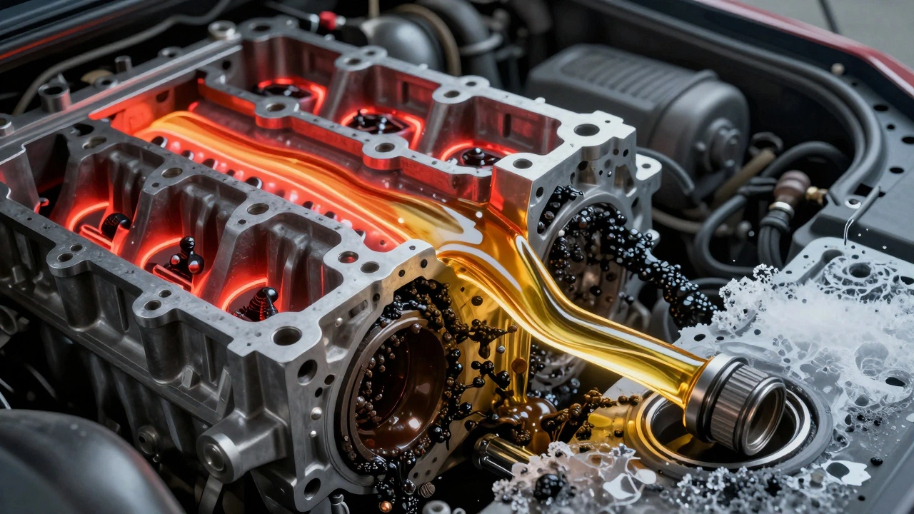 Разрез двигателя: горячее чистое масло течет, а холодный блок удерживает грязь и металлическую стружку.