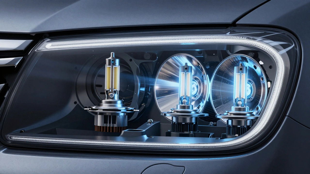 Разрез головного света: сравнение внутреннего устройства ламп H4 и H7 с нитями и отражателями.