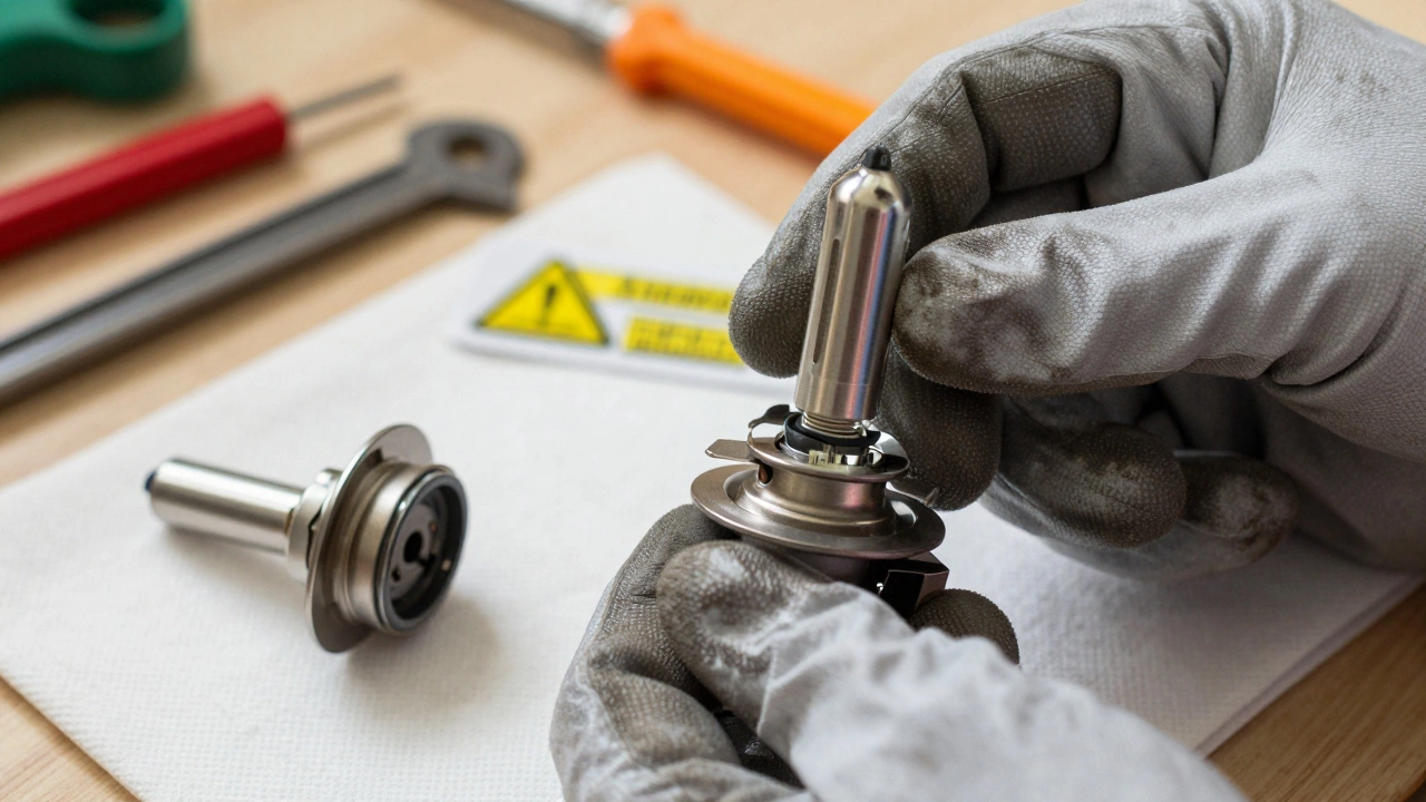 Рука механика в перчатках вставляет H7 лампу в фару, рядом лежит H4, видны инструменты и свет.