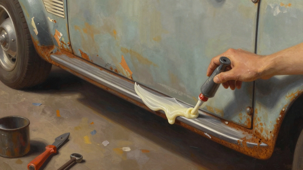 Рука наносит антикоррозийную пасту внутрь порога старинной машины, видны трещины краски и теплый свет лампы.