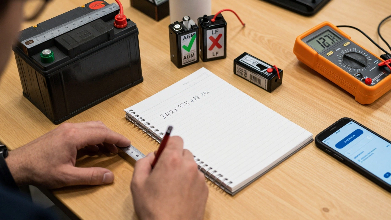 Руки измеряют габариты автомобильного аккумулятора линейкой, рядом — мультиметр и записанные параметры.