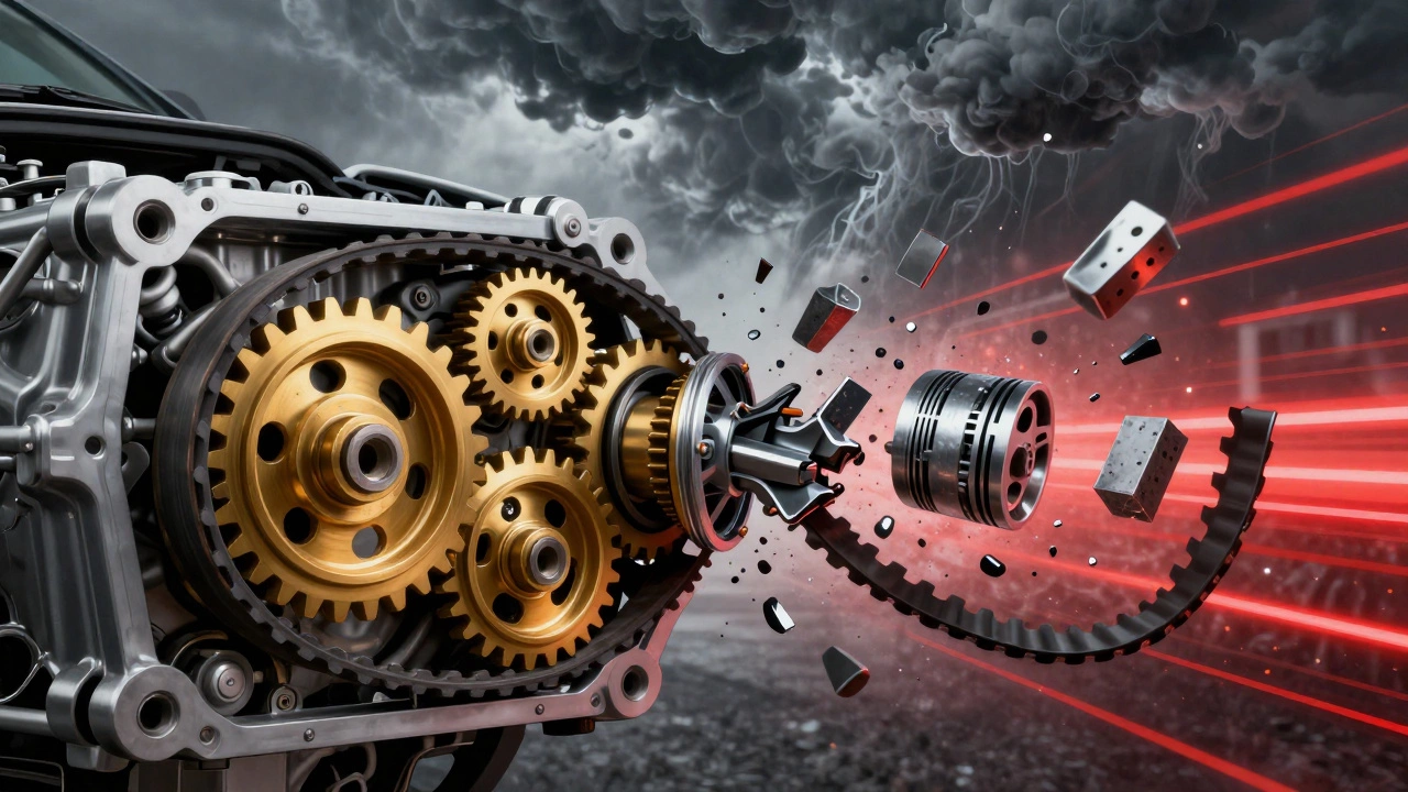 Схематичное изображение разрыва ремня ГРМ и столкновения клапанов с поршнями.