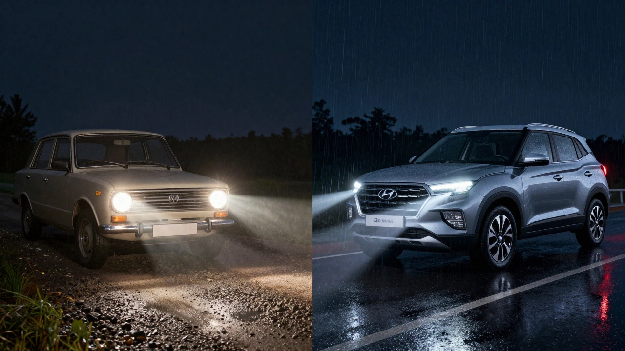 Сравнение освещения: старая Лада с H4 на грунтовой дороге и современный автомобиль с H7 на мокрой трассе.