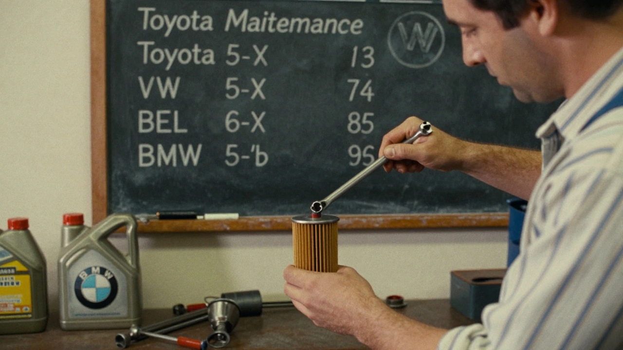 Винтажная автосервисная мастерская с механиком и таблицей интервалов замены масла на стене.