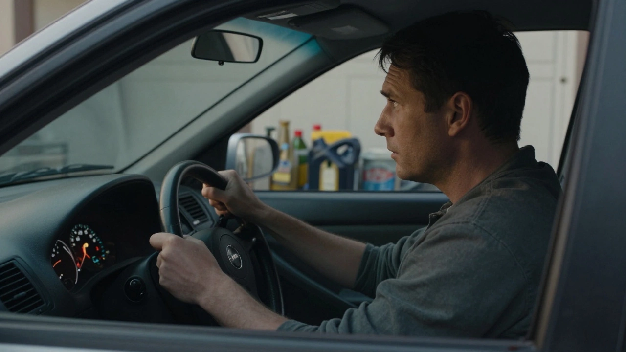 Водитель с рукой на рычаге КПП, смотрит на приборную панель, в салоне тихий свет, за окном гараж.