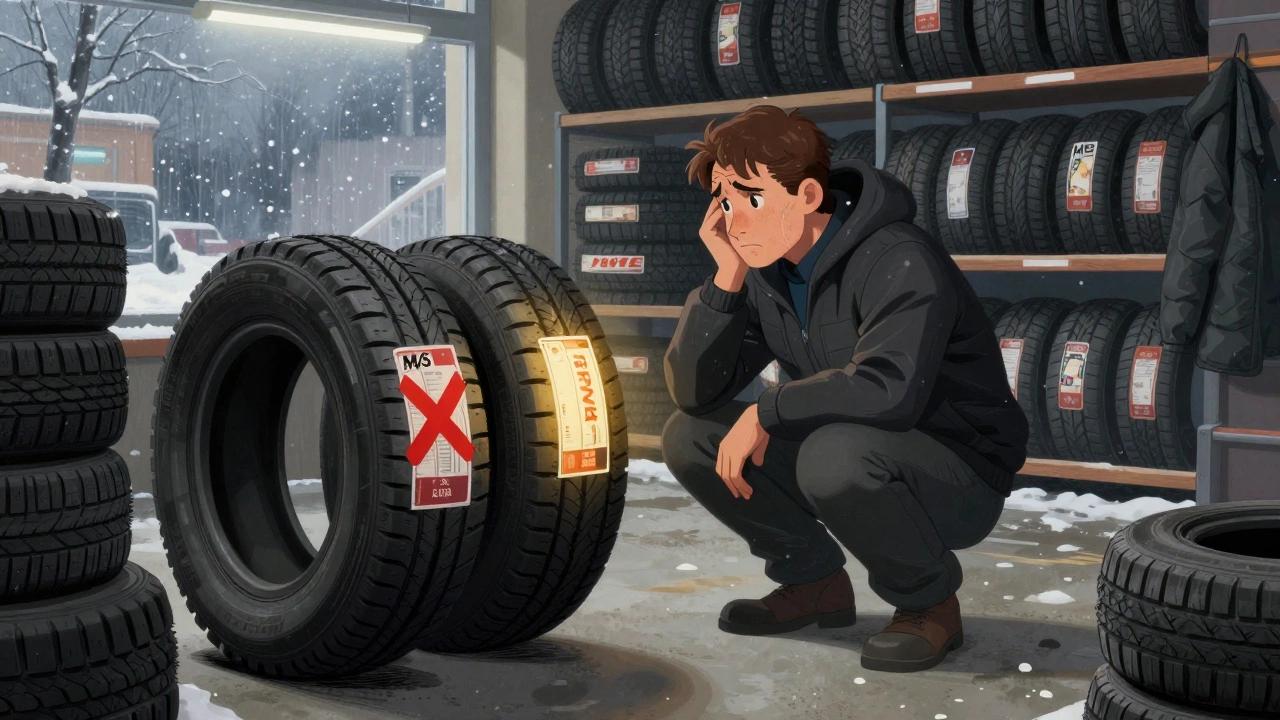 Водитель в автосалоне сравнивает зимние и не зимние шины в Новосибирске