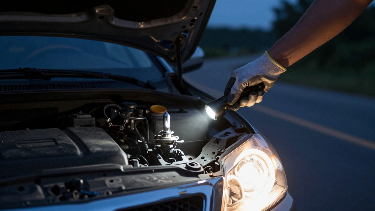 Водитель заменяет перегоревшую лампу H7 под фонариком ночью, открыв капот автомобиля.