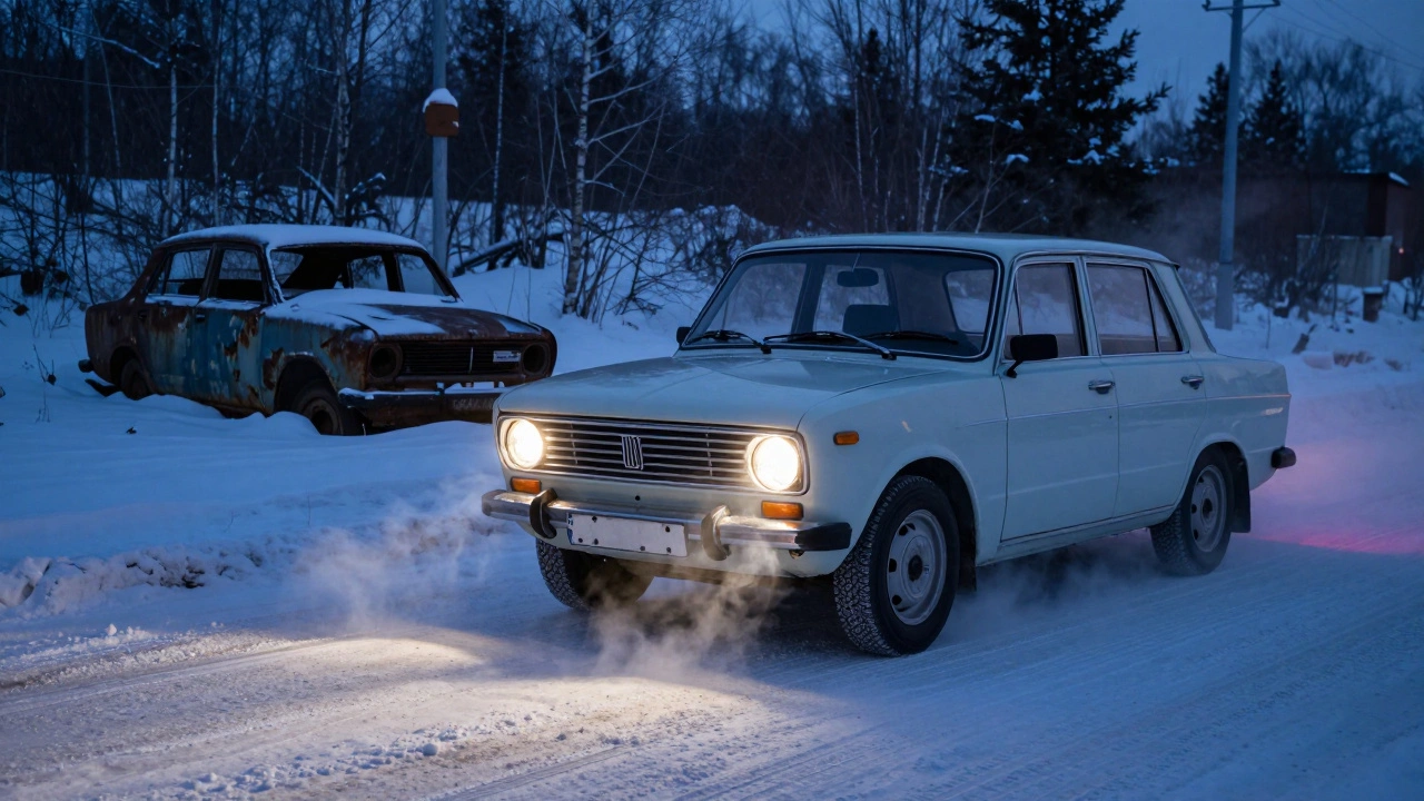 Восстановленный советский автомобиль едет по снежной дороге, рядом — заброшенный аналог, покрытый снегом и ржавчиной.