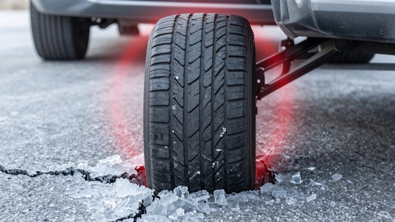 Деформированная шина с трещинами на боковине, под давлением, вокруг ледяные кристаллы и стрессовые линии.
