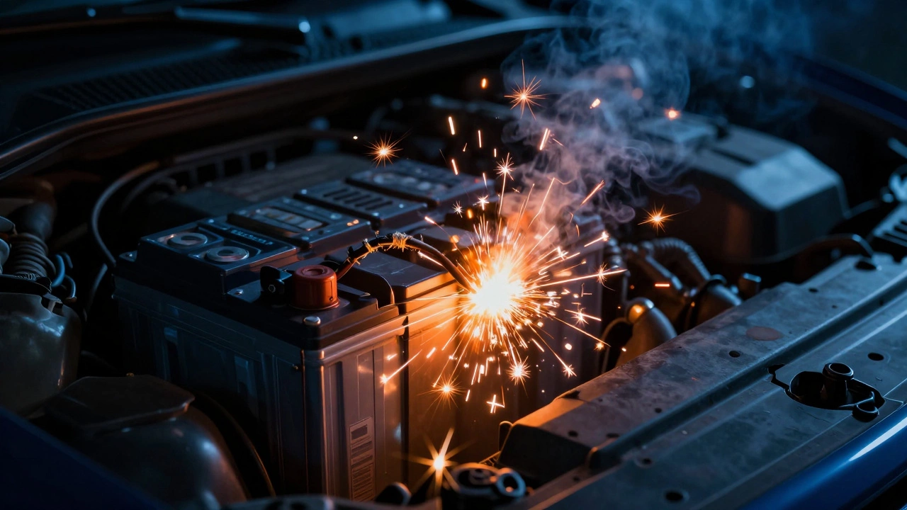 Искры и пожар из-за неправильного размера аккумулятора в моторном отсеке.