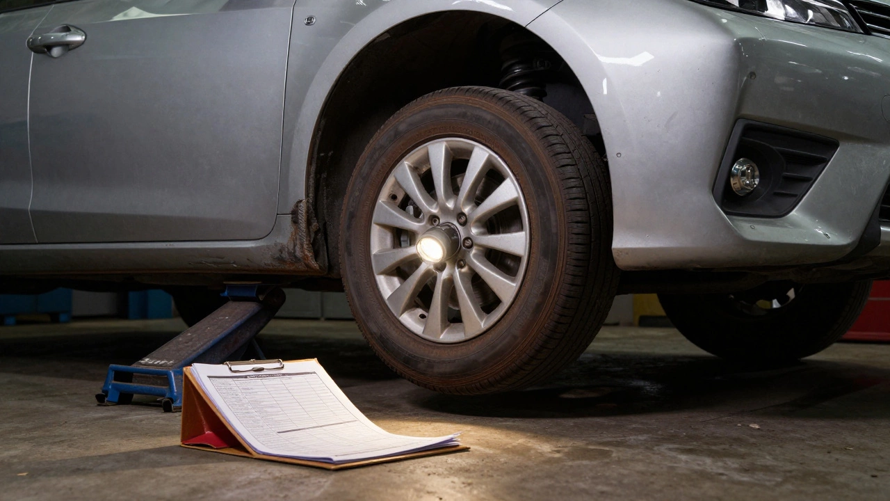 Механик осматривает днище автомобиля с пробегом 220 000 км при свете фонарика