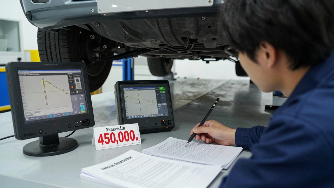 Механик проводит техосмотр Shaken в Японии — дорогостоящая процедура замены авто.