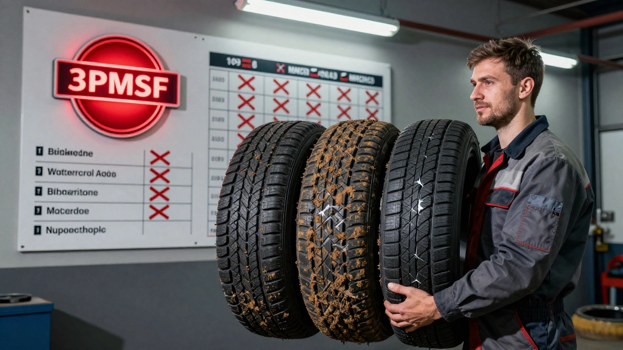 Механик в гараже держит три типа шин с подсвечённой таблицей сертификации 3PMSF.