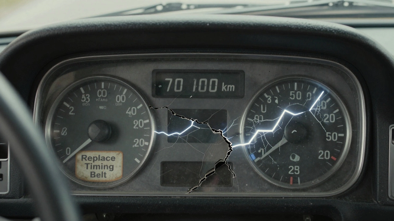 Панель приборов с пробегом 78 000 км и прозрачным изображением треснувшего ремня ГРМ.