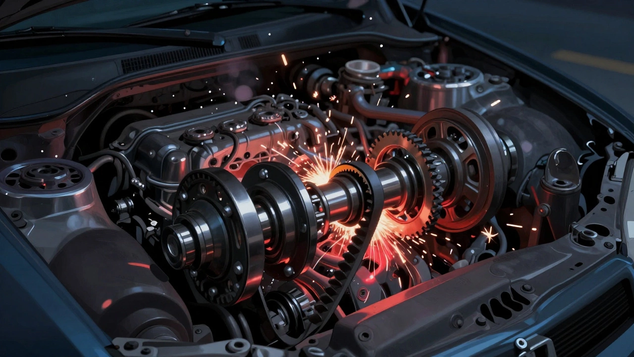 Разорванный ремень ГРМ в моторном отсеке с искрами и остатками резины в воздухе.