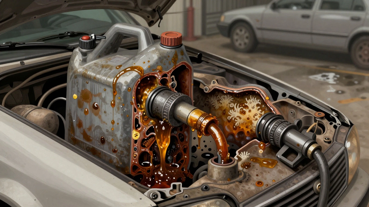 Разрез топливной системы с отложениями смол и биопленки, темные тона, признаки гниения топлива.