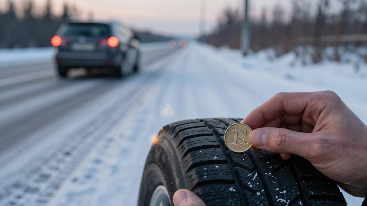 Рубль, положенный на протектор шины, чтобы показать износ до минимального уровня, на фоне машины на снежной трассе.