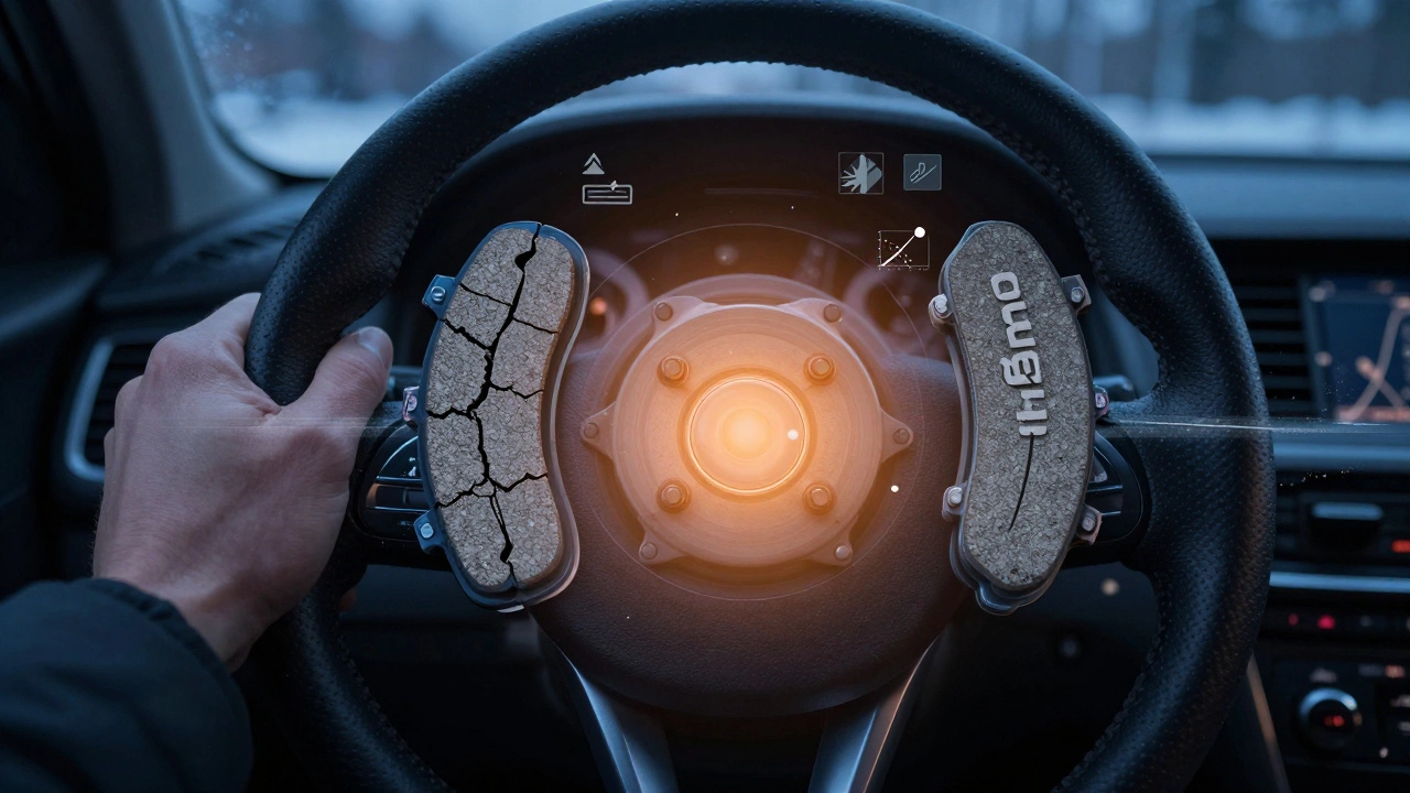 Рука за рулём с прозрачными слоями тормозных систем: керамические, полуметаллические и изношенные колодки.