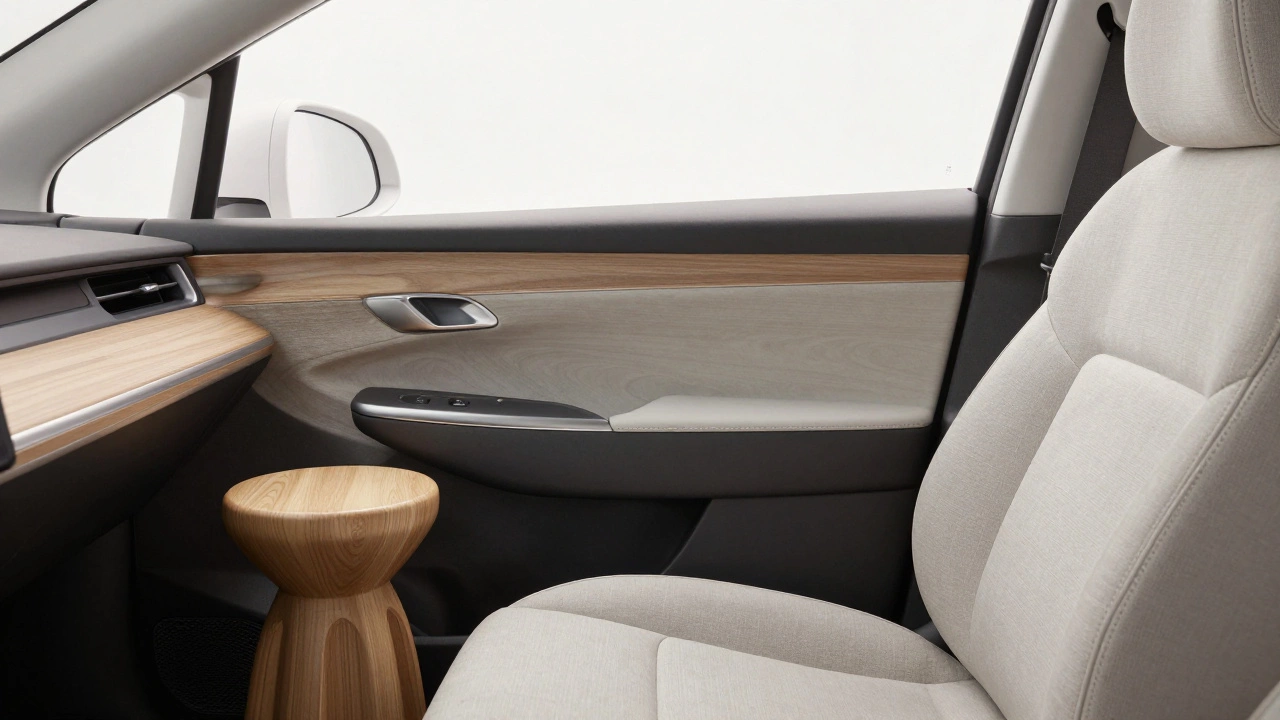 Современный интерьер автомобиля в стиле джапанди: гладкое дерево, матовый металл и светлый лён в идеальной симметрии.