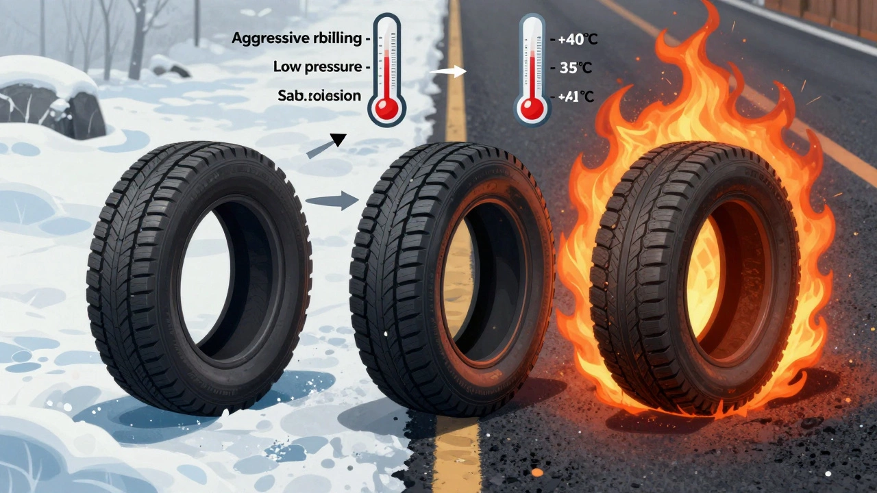 Три шины на разной стадии износа между ледяной и раскалённой дорогой, с температурными отметками -35°C и +40°C.