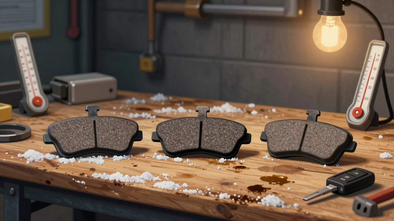 Три типа тормозных колодок на фоне снежной гаражной мастерской в Новосибирске.