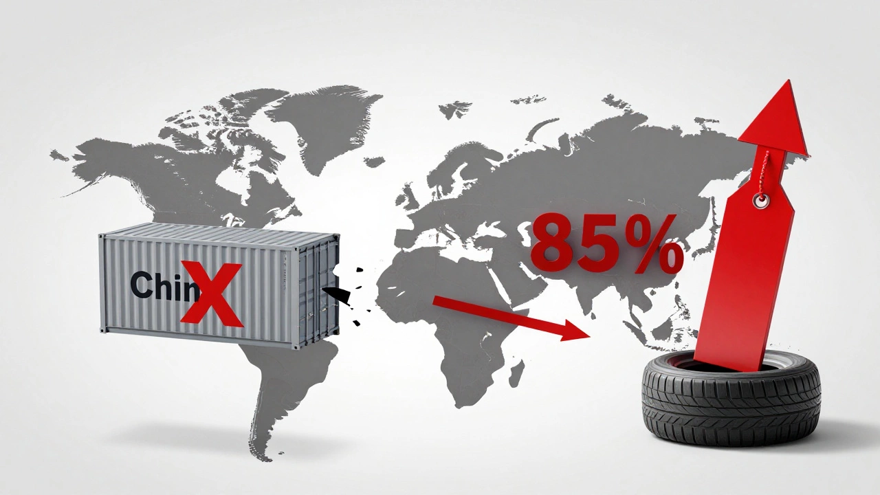 Абстрактная схема глобальной цепочки поставок шин с акцентом на импорт и рост цен в России.