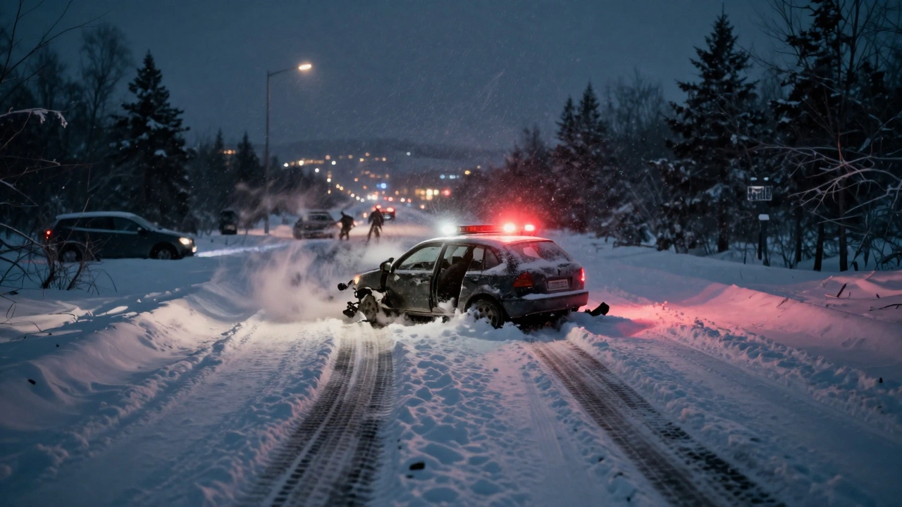 Автокатастрофа на заснеженной трассе в Сибири с мигающими огнями экстренных служб.