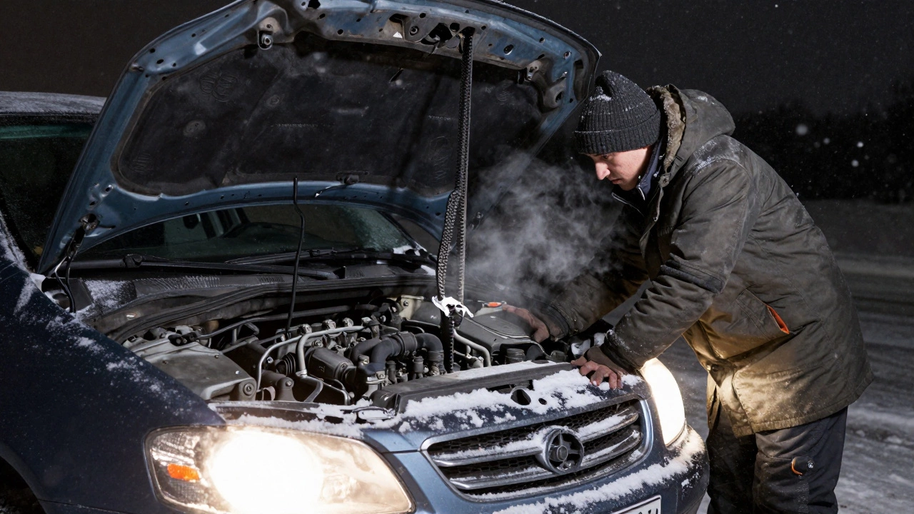 Автомобиль на заснеженной дороге в Новосибирске с механиком под капотом