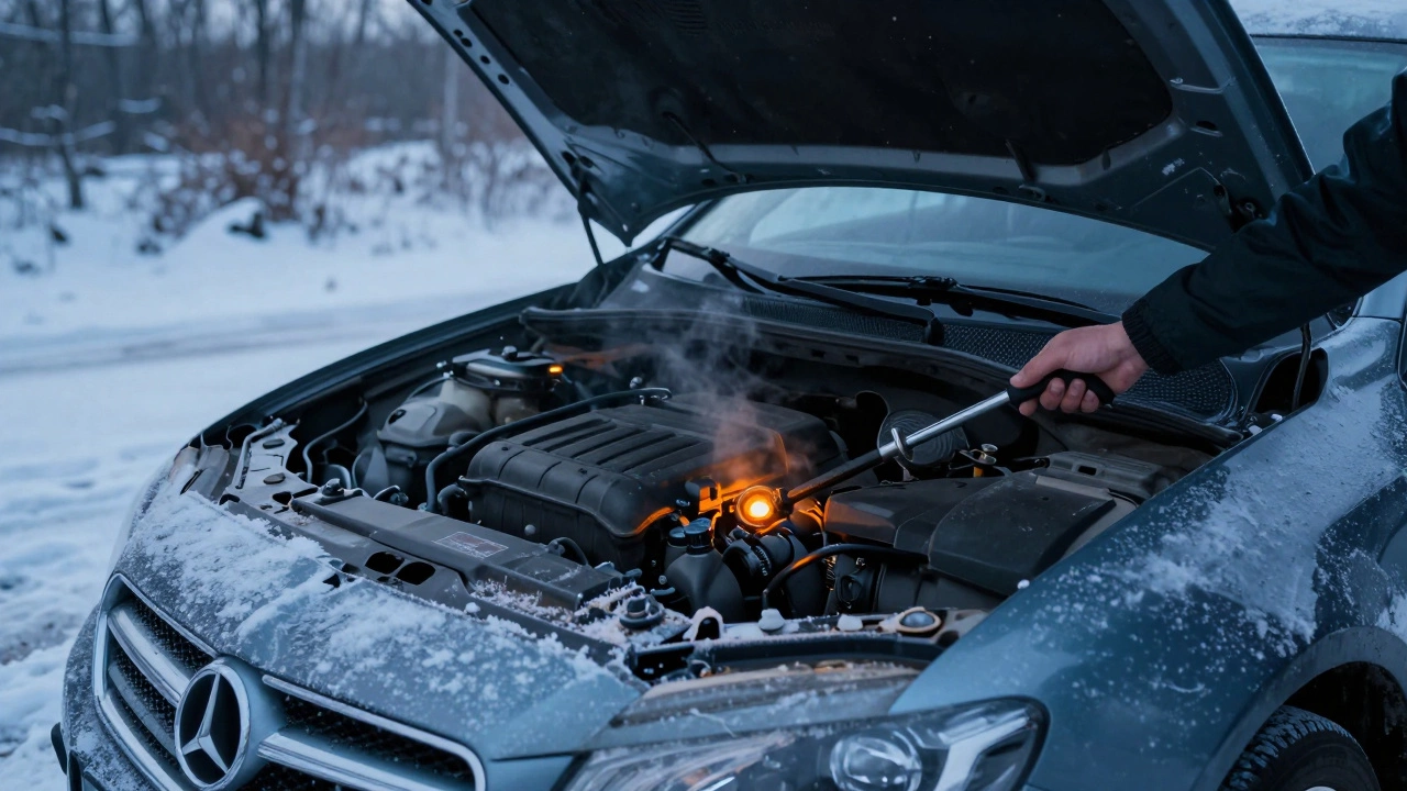 Автомобиль в снегу с открытым капотом для проверки масла.