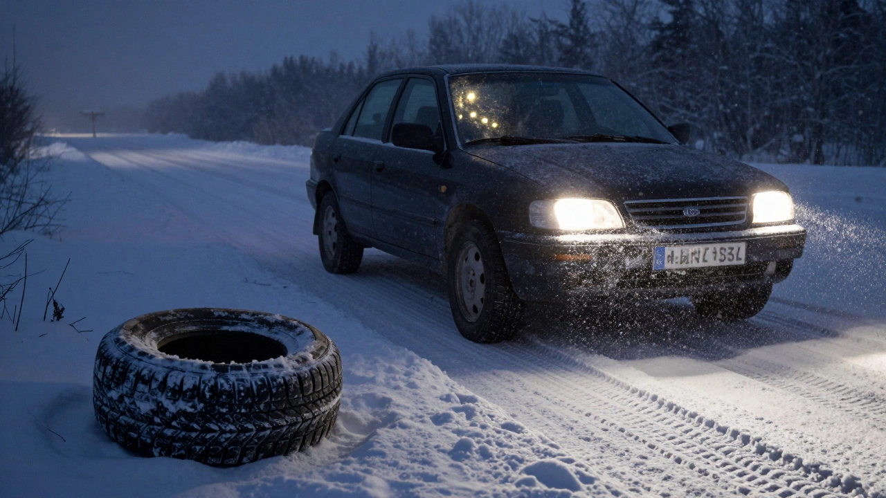 Автомобиль в снежной буре на сибирской трассе, всепогодные шины сцепляются с дорогой, рядом лежат изношенные шины.