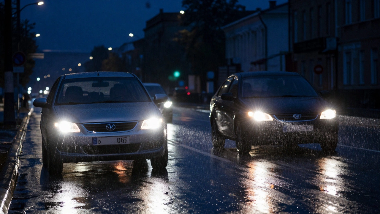 Две встречные машины: одна с безопасным светом, другая — с ослепляющими светодиодами.