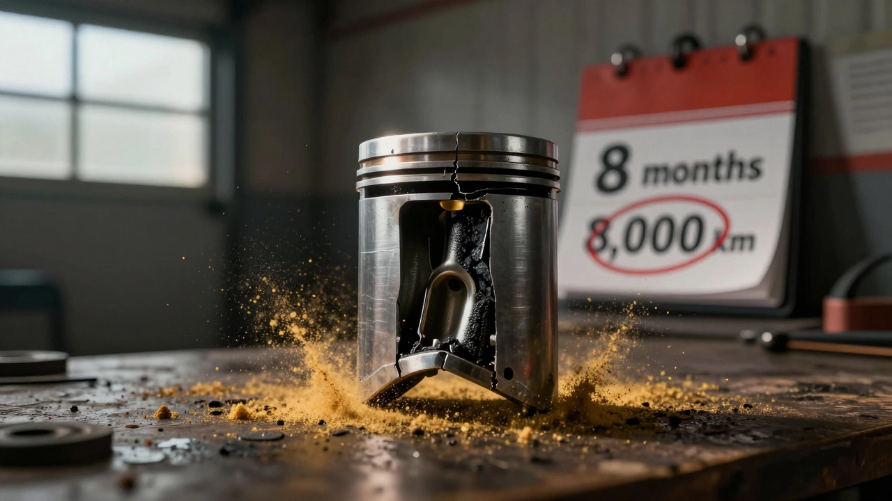 Изношенное поршневое кольцо и клапан с остатками присадок, рядом календарь с отметкой 8 месяцев и 8000 км.