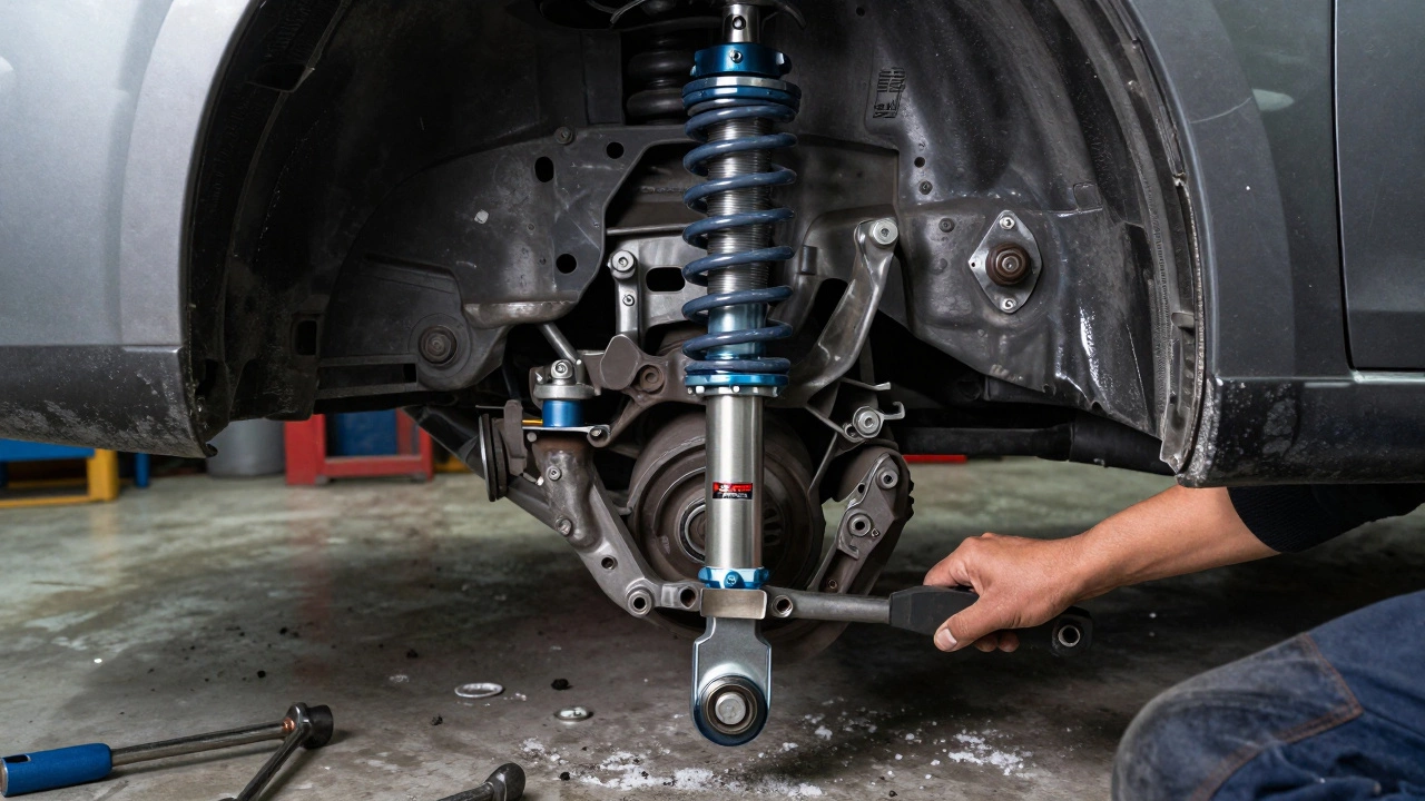 Механик устанавливает усиленные амортизаторы и втулки под днищем автомобиля.